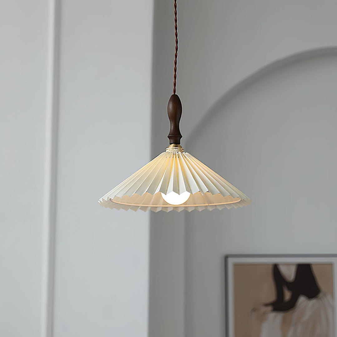 White Fabric Walnut Brass Plug-In Pendant