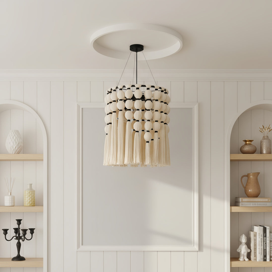 Lustre Moderne Élégant Modulune Fait Main avec Franges en Coton Blanc pour Salon