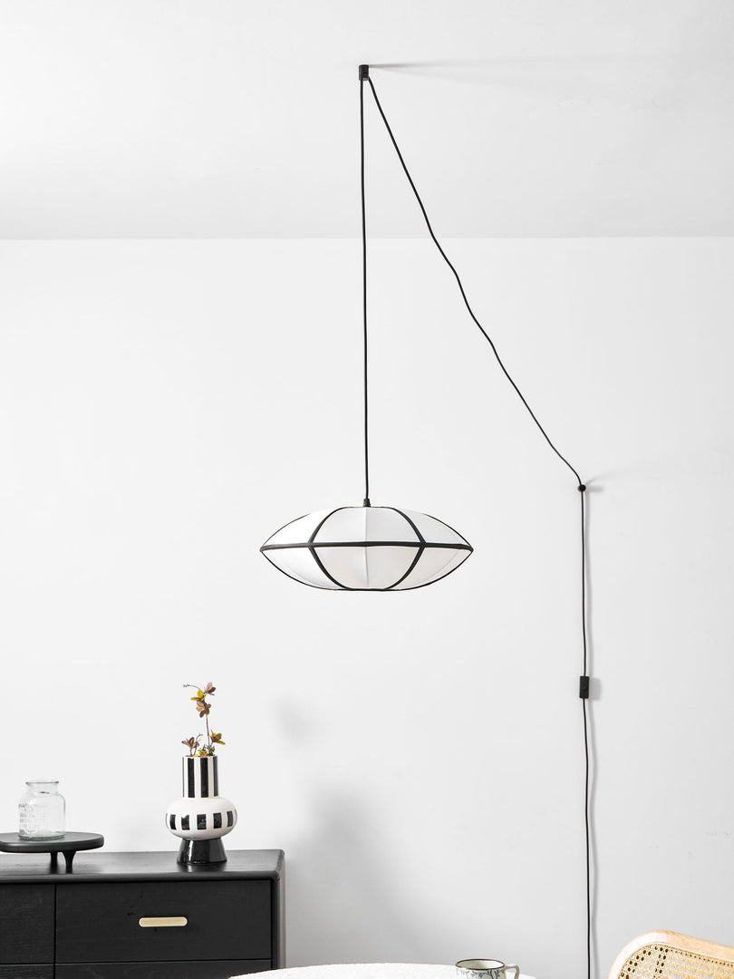 Black Metal White Fabric Plug-In Swag Pendant