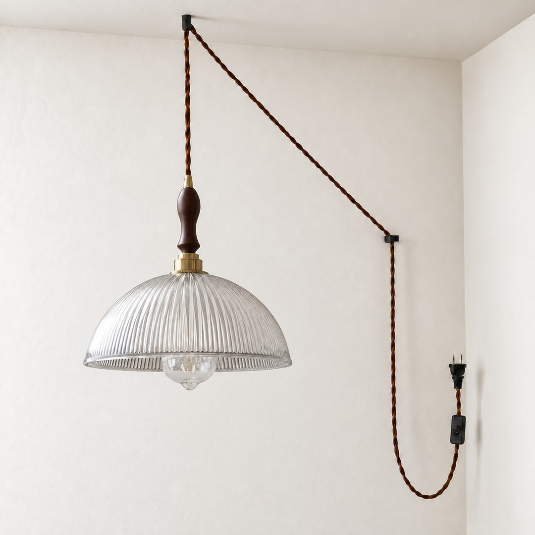 Vintage Ribbed Glass Shade Plug‑in Swag Pendant Light - Hanging Lamp for Dining and Living Room
