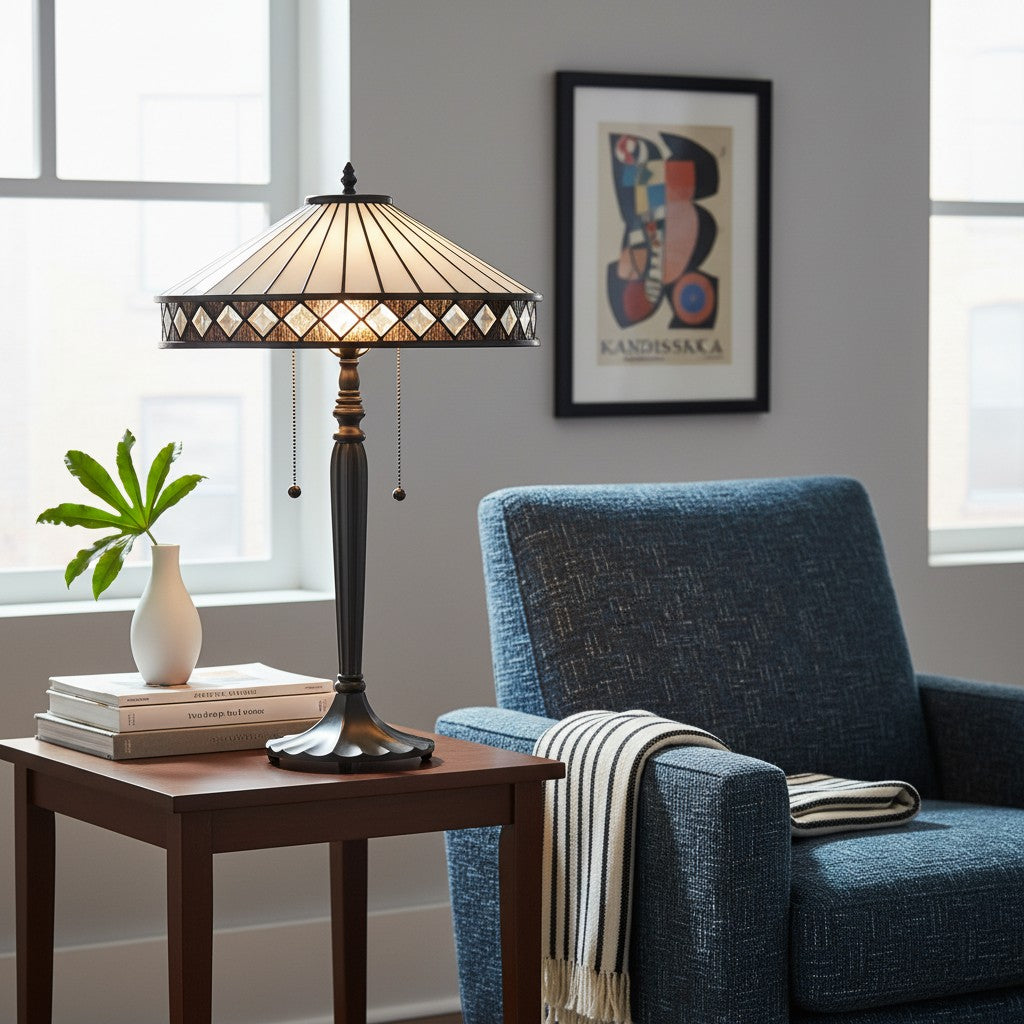 TF Geometric Stained Glass Table Lamp with Amber and Cream Panels – Tiffany Style Accent Lamp for Bedroom and Study