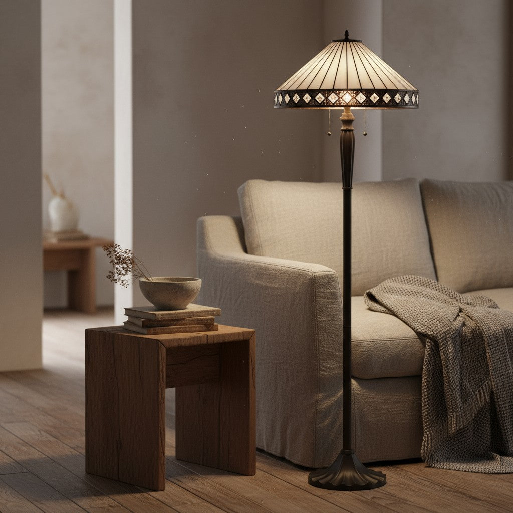 TF Geometric Stained Glass Table Lamp with Amber and Cream Panels – Tiffany Style Accent Lamp for Bedroom and Study