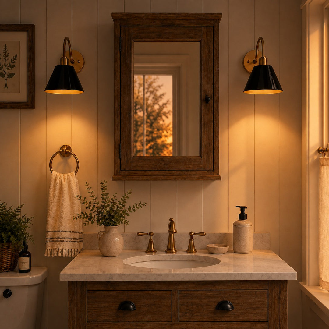 Industrial Modern Tapered Brass Gooseneck Sconce with Metal Silhouette