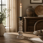 Load image into Gallery viewer, Tall turned wood candlestick styled on a dining table
