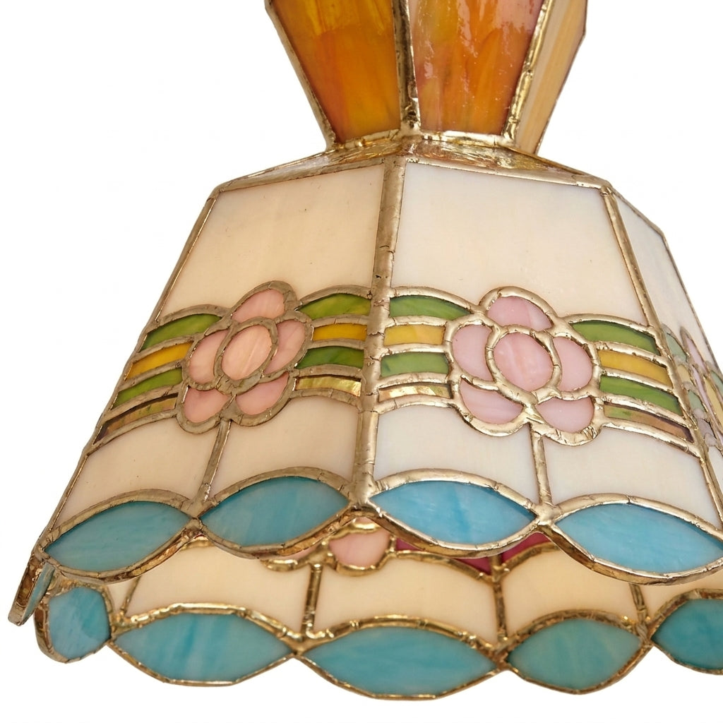 Floral Stained Glass Brass Plug-In Swag Pendant