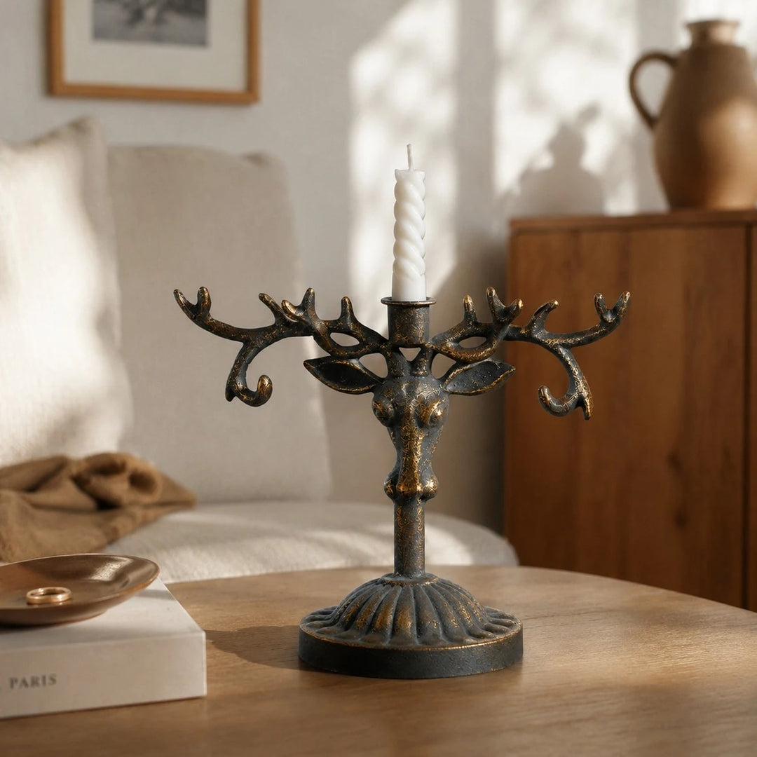 Vintage deer head iron candle holder