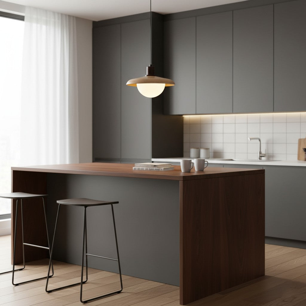 Wood-Tone Metal Glass Plug-In Pendant