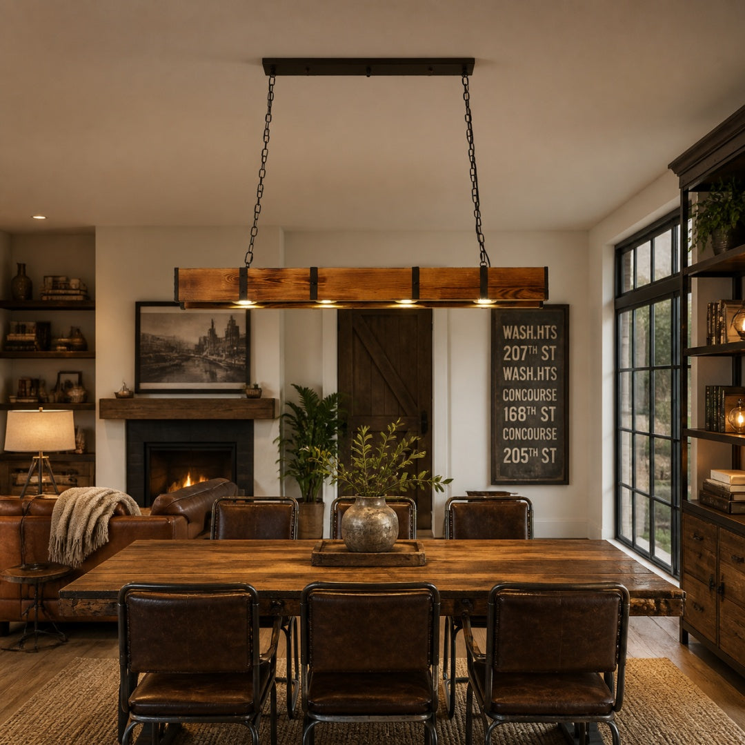 Rustic Wood Bar Pendant Light with Spotlights