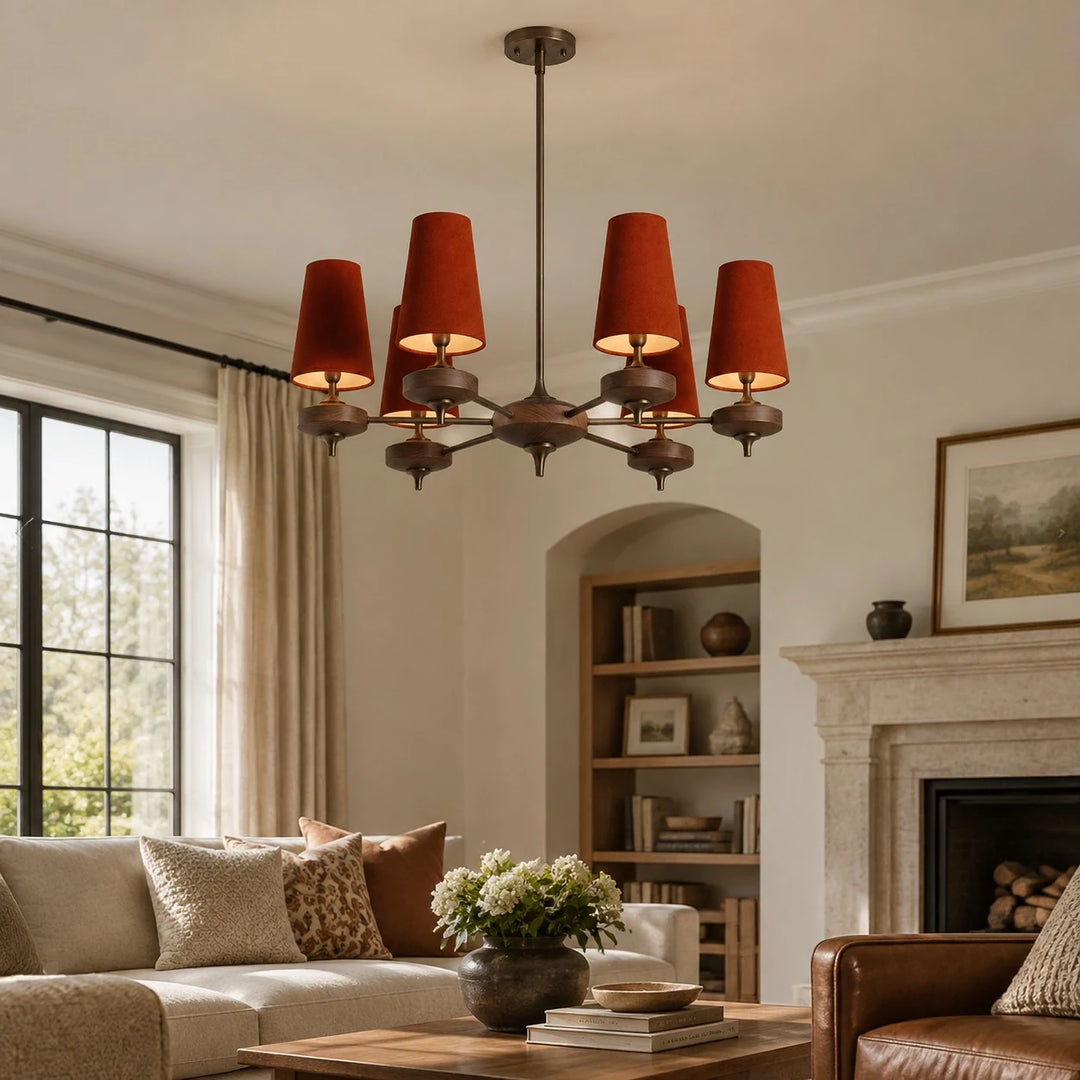 Red Hour Rho chandelier in a warm living room