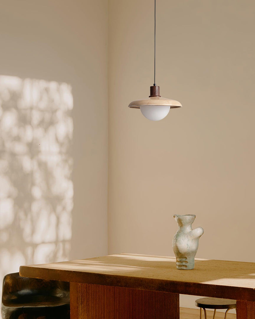 Wood-Tone Metal Glass Plug-In Pendant