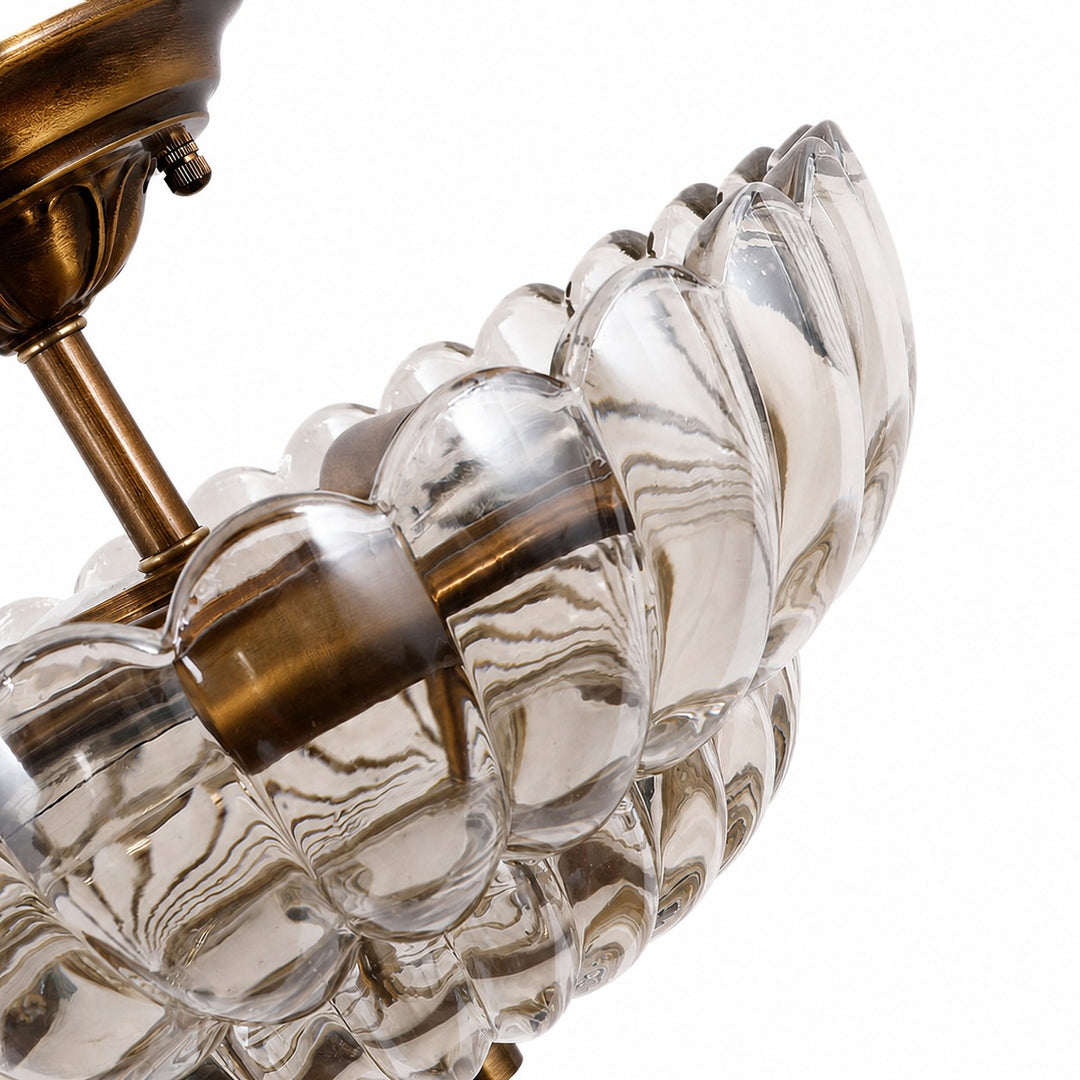 Floral Brass and Amber Glass Semi-Flush Ceiling Light
