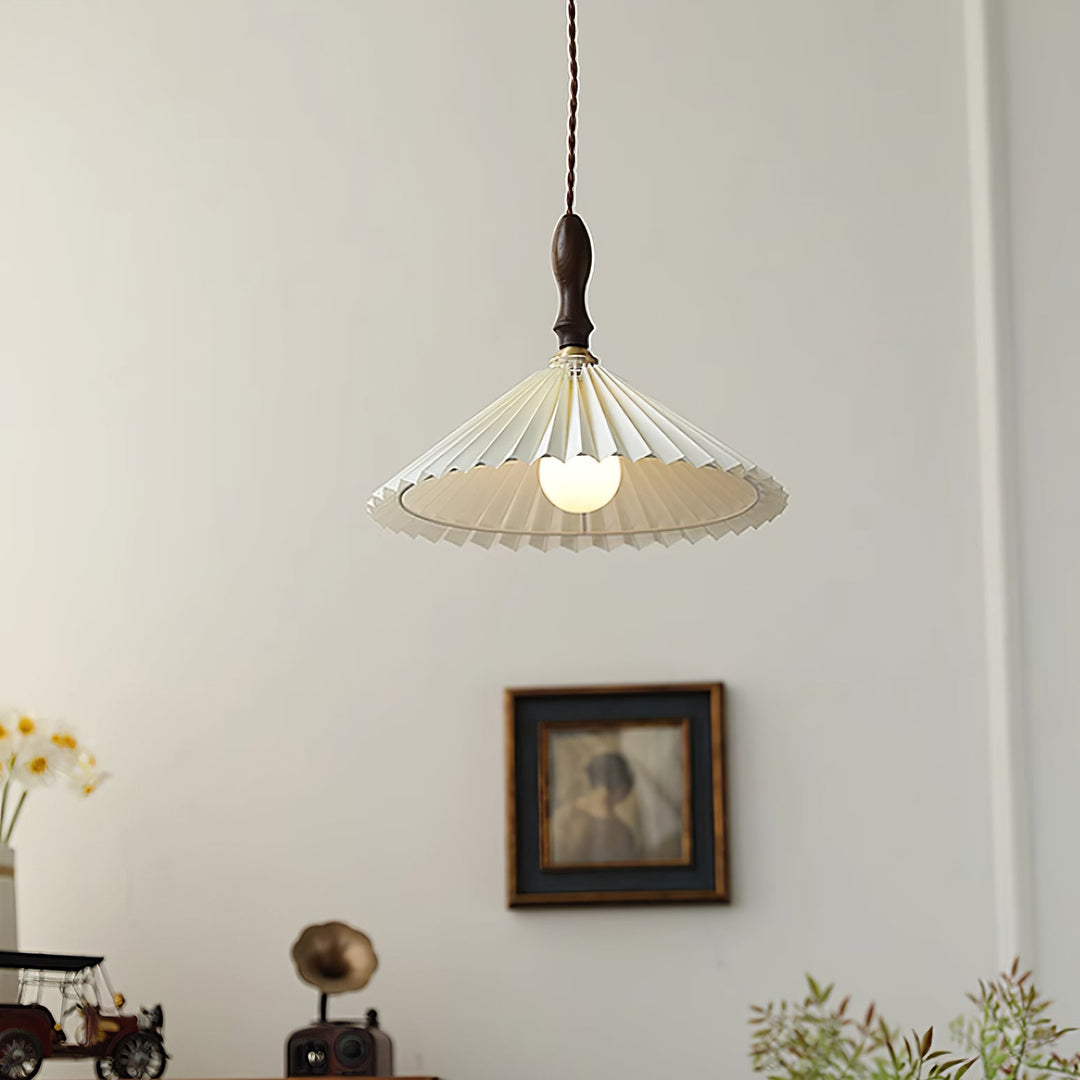 White Fabric Walnut Brass Plug-In Pendant