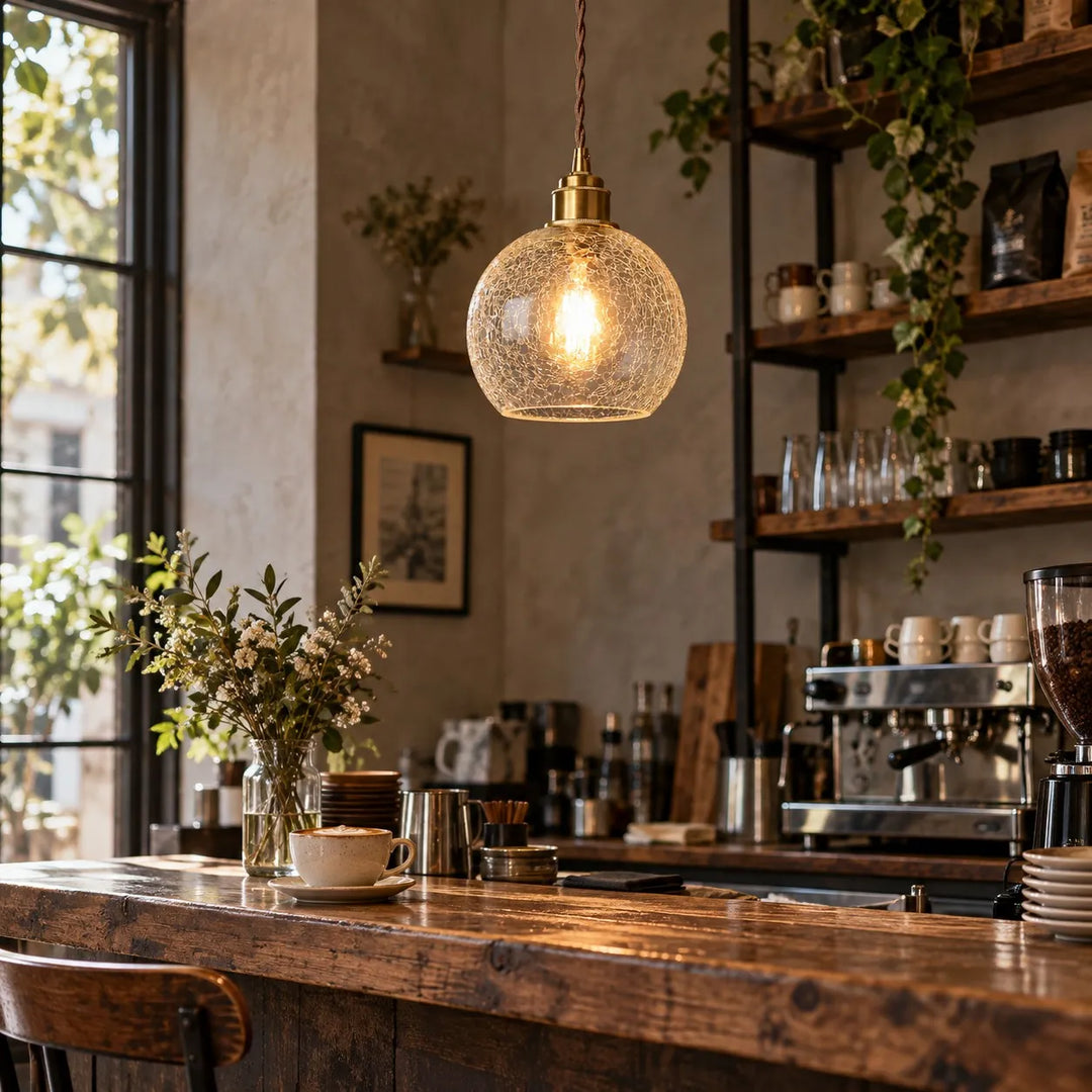 Copper Base Crackled Glass Globe Pendant Light
