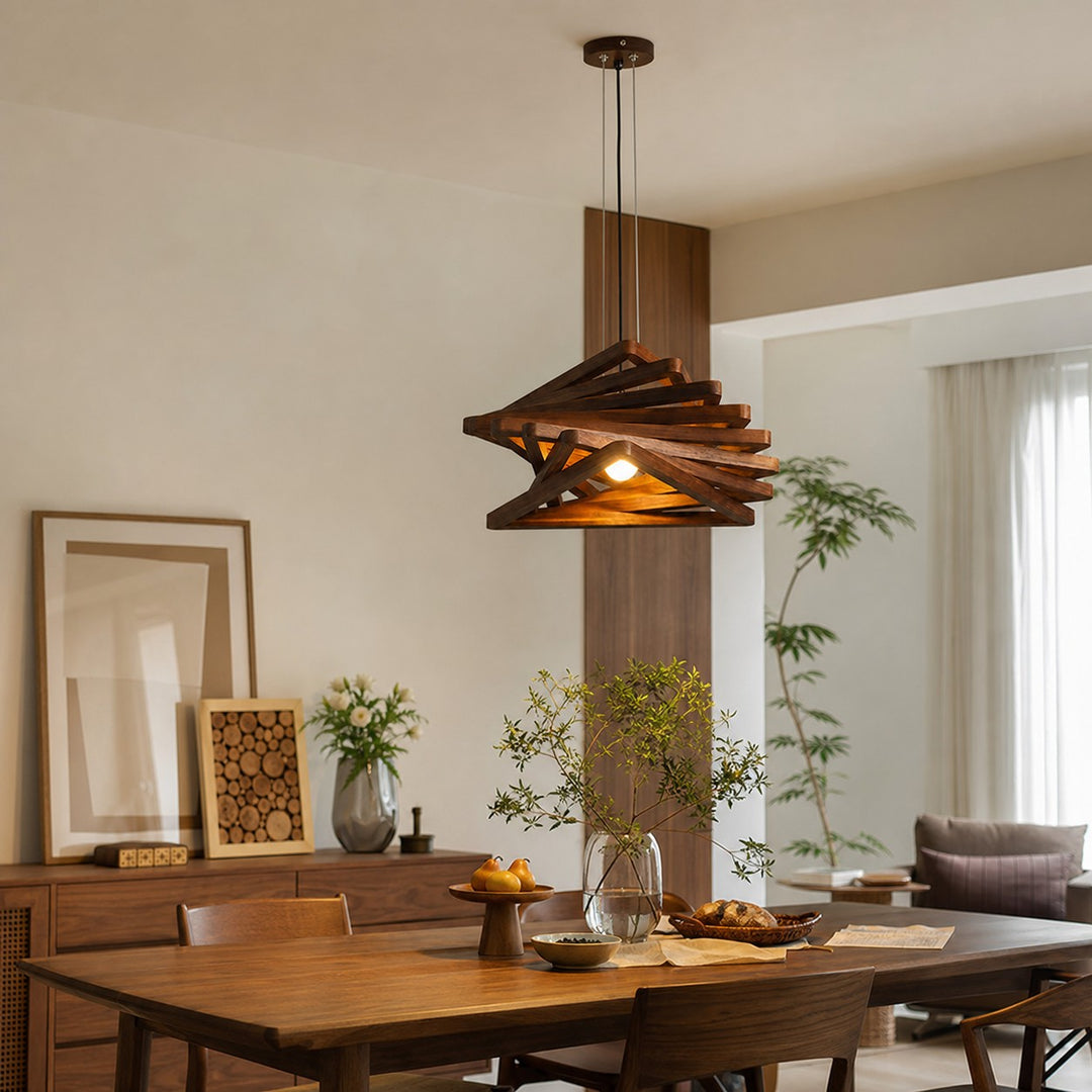 Walnut wood pendant light in a warm dining room