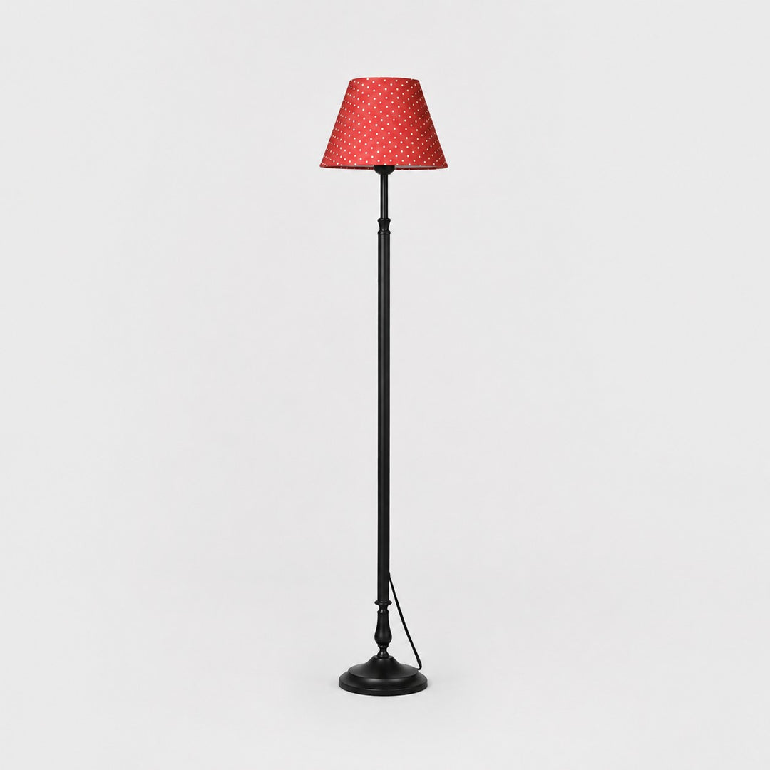 Vintage black iron floor lamp with vintage red polka dot shade