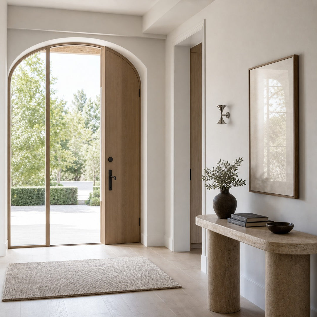 Chrome wall sconce adding a sculptural accent to an entryway