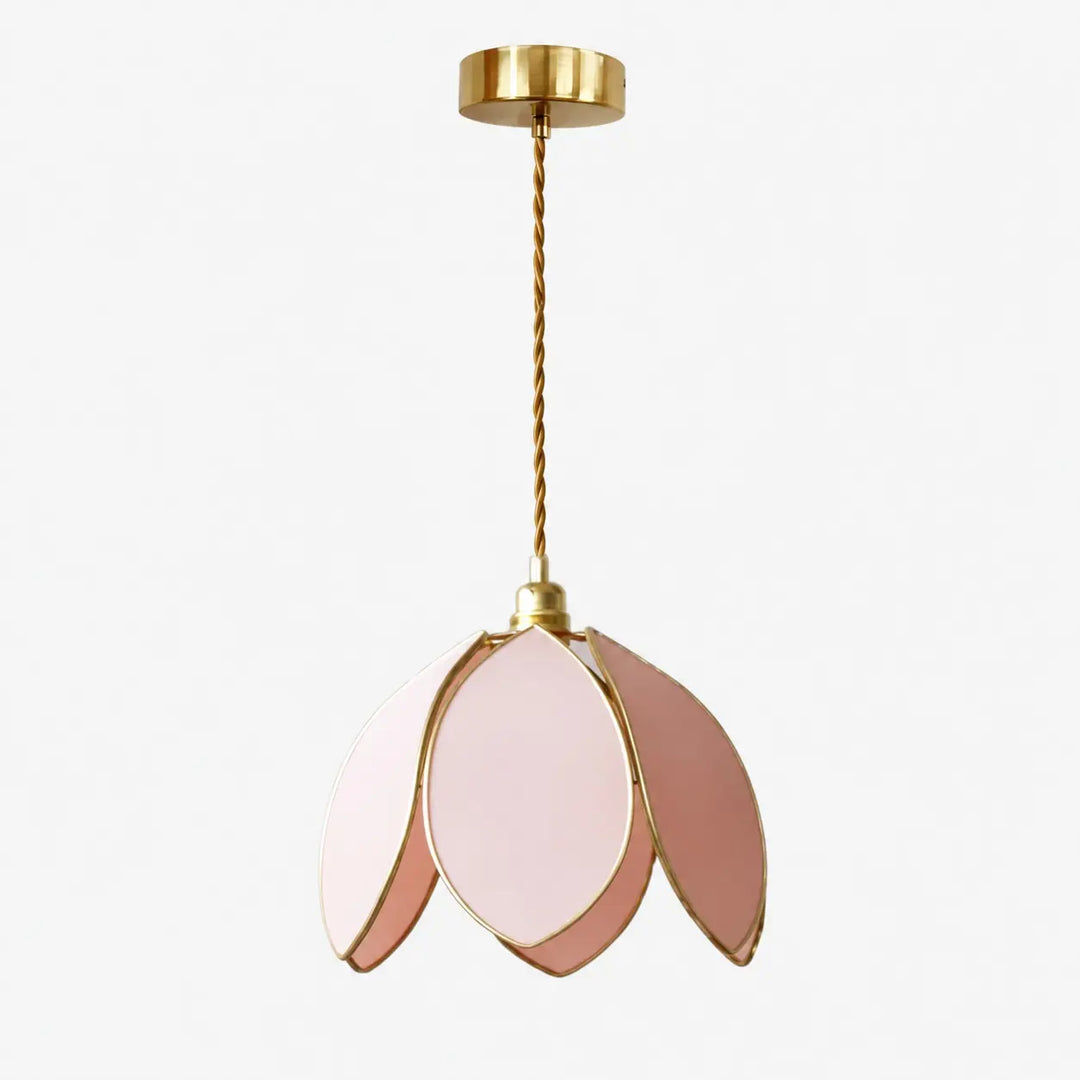 Pink fabric petal pendant light with brass-tone frame