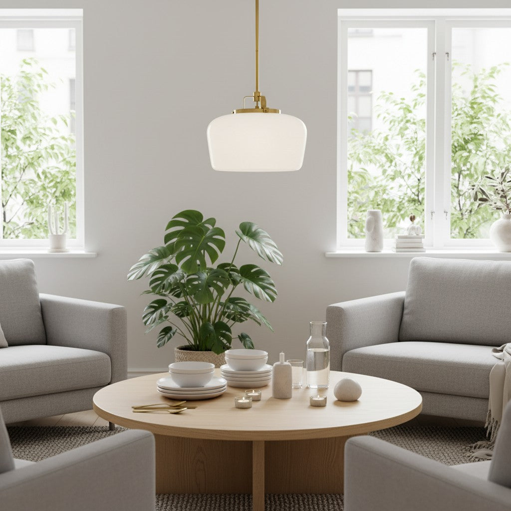 Lámpara colgante de cristal opalino Lirra: moderna lámpara minimalista de metal para cocina y comedor.