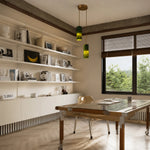 Load image into Gallery viewer, Two green jade cylinder pendant lights installed in a bright studio dining room