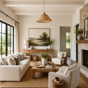 Natural rattan pendant lamp in a rustic living room