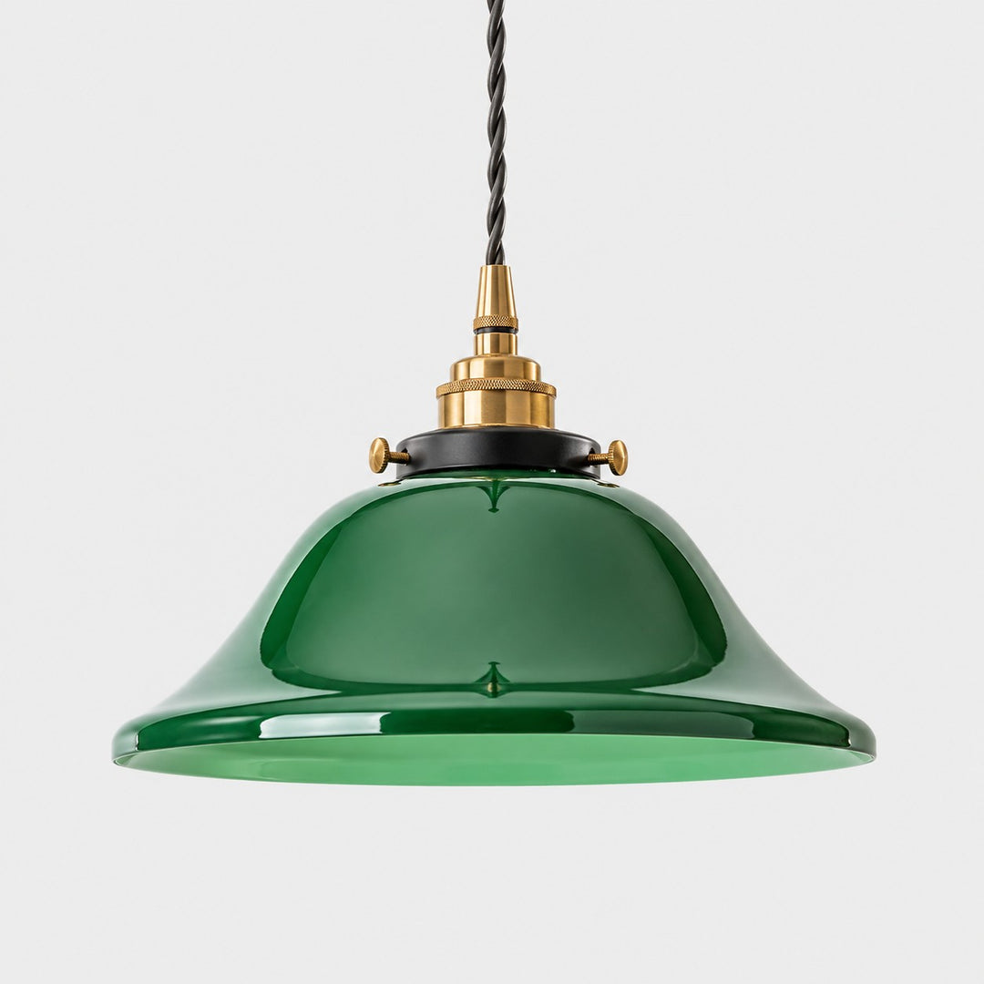 Army green straw hat glass pendant light front view