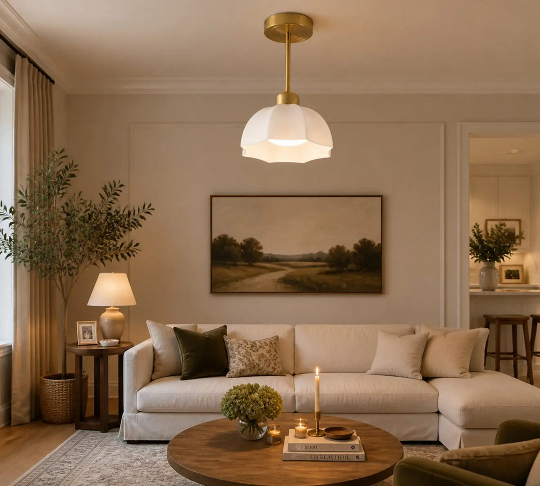 Milk glass ceiling light in a refined interior