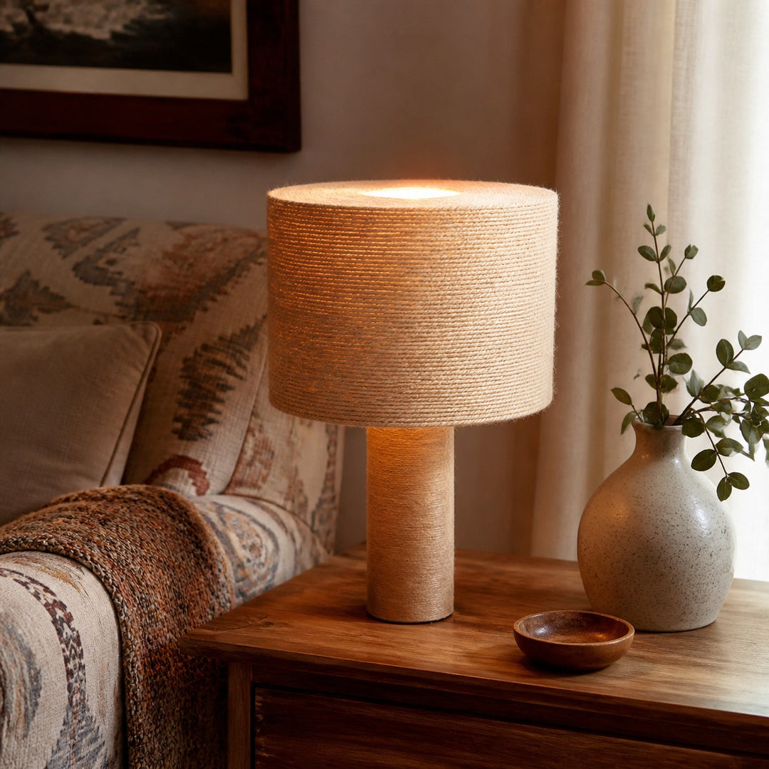 Woven jute table lamp styled beside a sofa