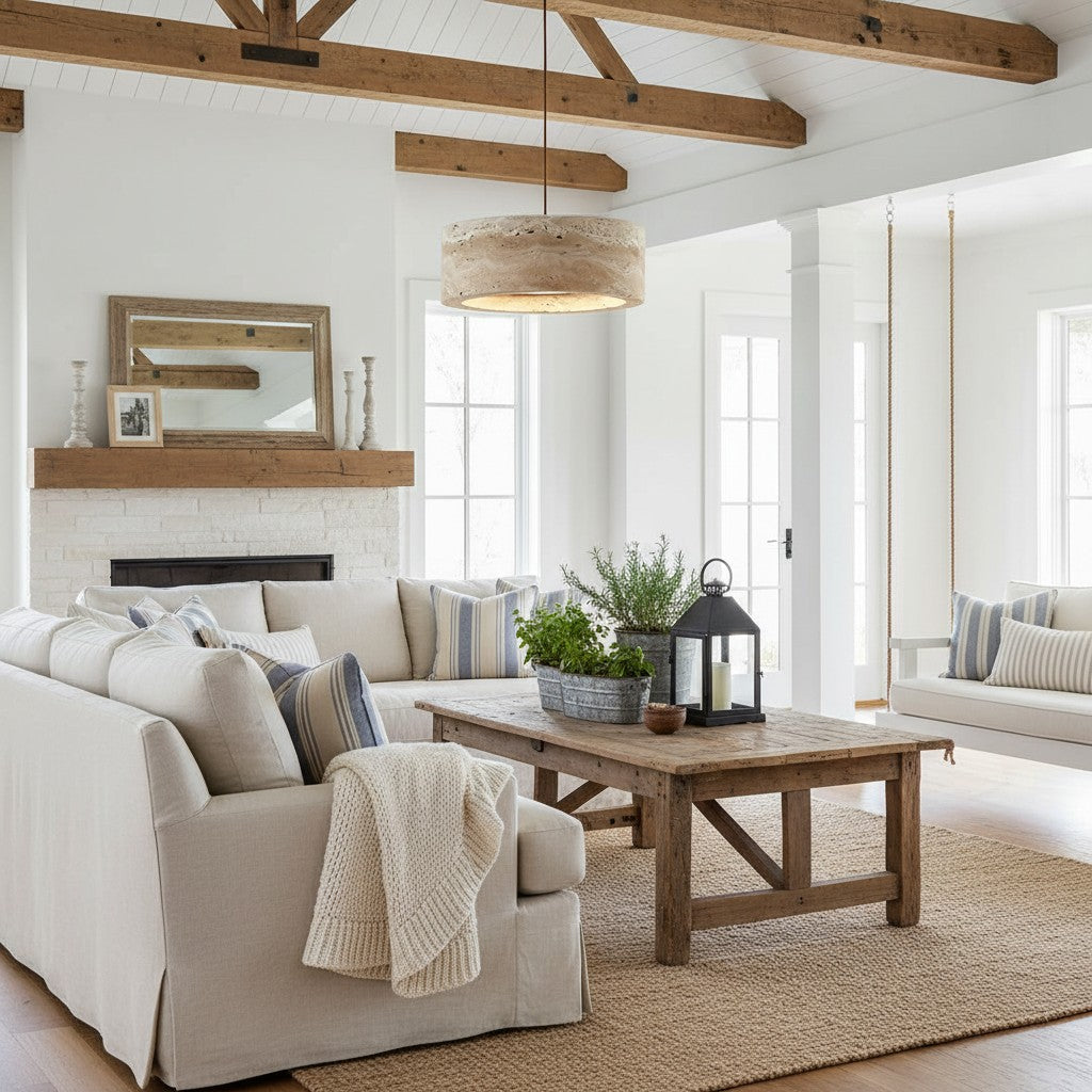 Lámpara colgante de piedra natural travertino Kairis - Iluminación de estilo vintage para comedores y salas de estar