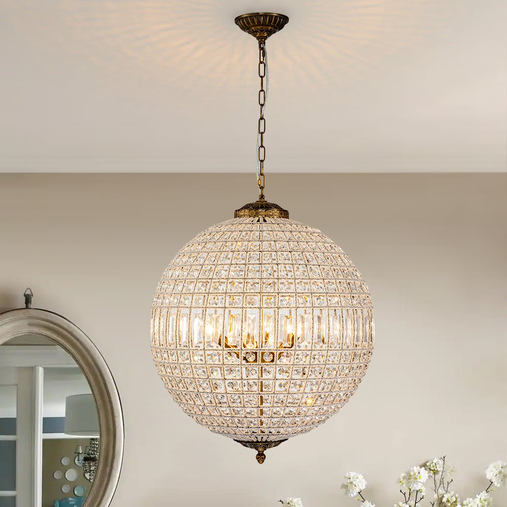 Lustre globe en cristal vintage luxueux avec finition en laiton antique