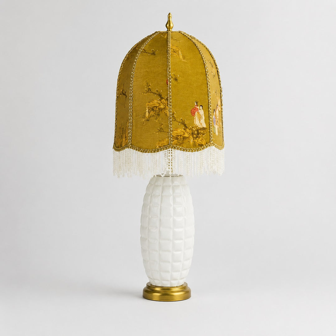 Full view of vintage chinoiserie ceramic table lamp with beaded fringe shade
