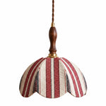 Charger l'image dans la visionneuse de galerie, Red and ivory striped fabric pendant lamp with dark wood handle and brass connector