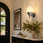 Bild in Gallery-Viewer laden, Chrome white glass wall sconce above an entry console