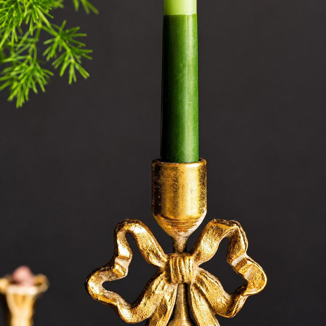 Gold Metal Bow and Milagro Heart Candle Holders