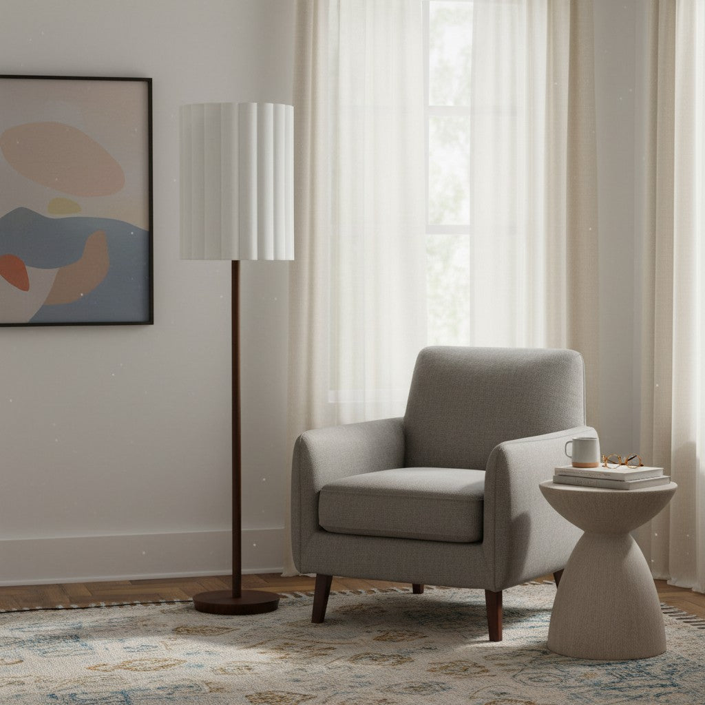 Lámpara de pie Linbron con pantalla de tela neutra y acabado en veta de madera – Lámpara de pie moderna minimalista para sala de estar y estudio