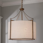 Load image into Gallery viewer, Antique Brass Carousel Chandelier with White Linen Drum Shade for Dining Room
