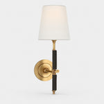 Cargar imagen en el visor de la Galería, natural brass wall sconce with black leather and white fabric shade