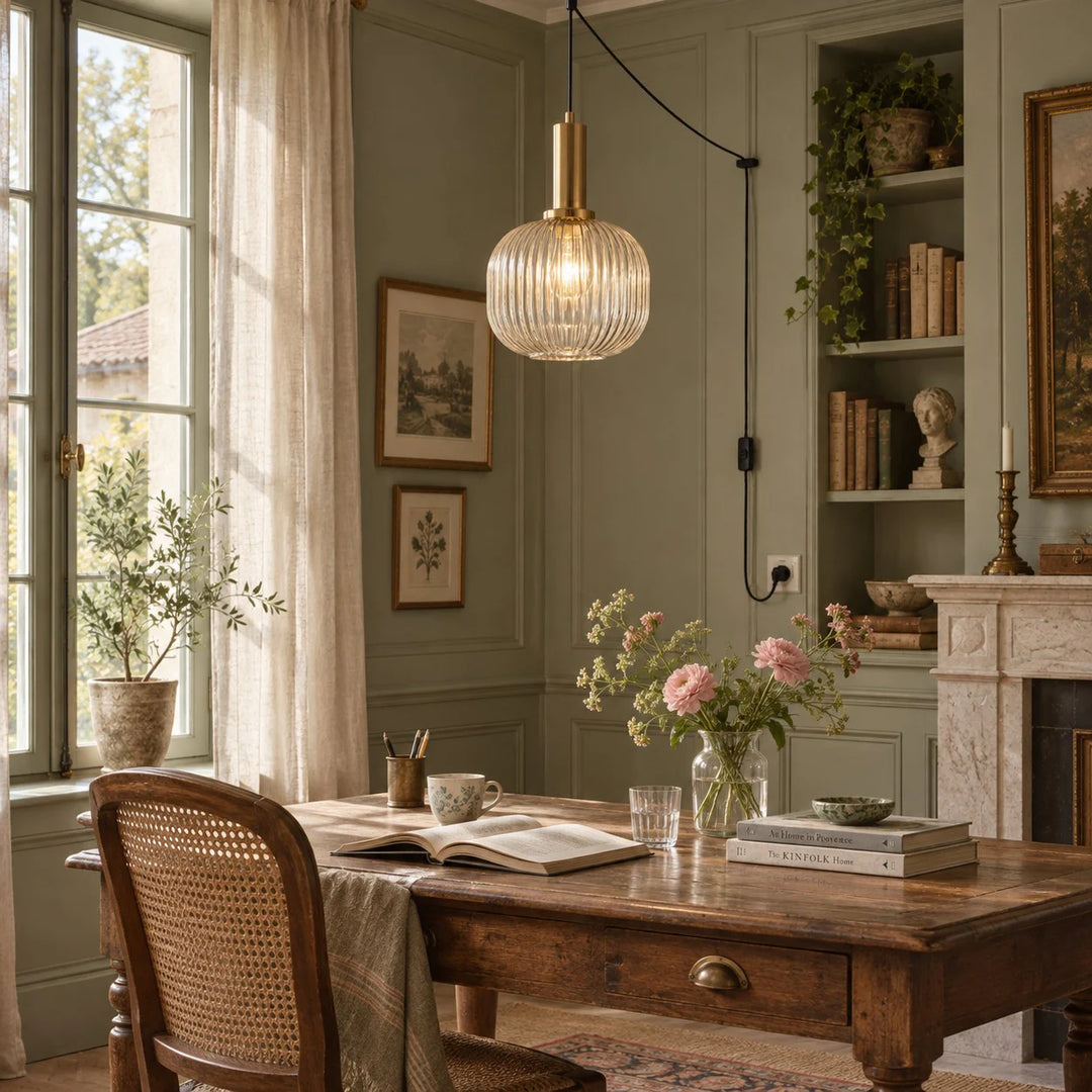 Retro ribbed glass plug-in pendant light in a home interior