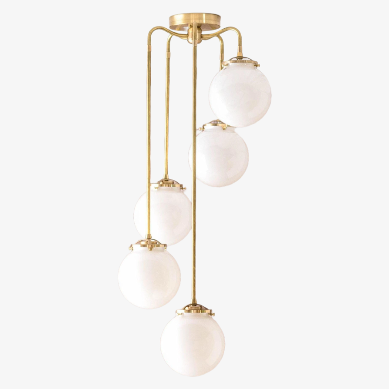 Glorica Glass Modern Brass & Opal Hanging Light Fixture – Contemporary Globe Chandelier for Home