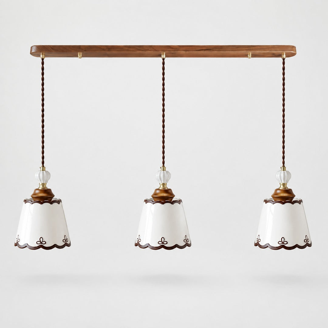 three-light ceramic pendant with a 100 cm wood ceiling plate