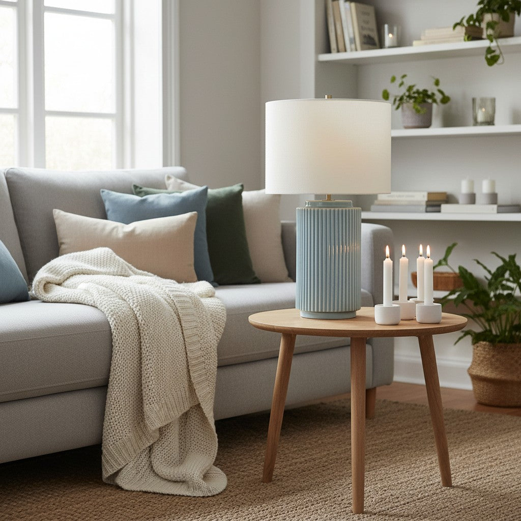 Ceruna Minimalistische Keramik-Tischlampe - Keramikfuß mit einem Lampenschirm aus Leinen