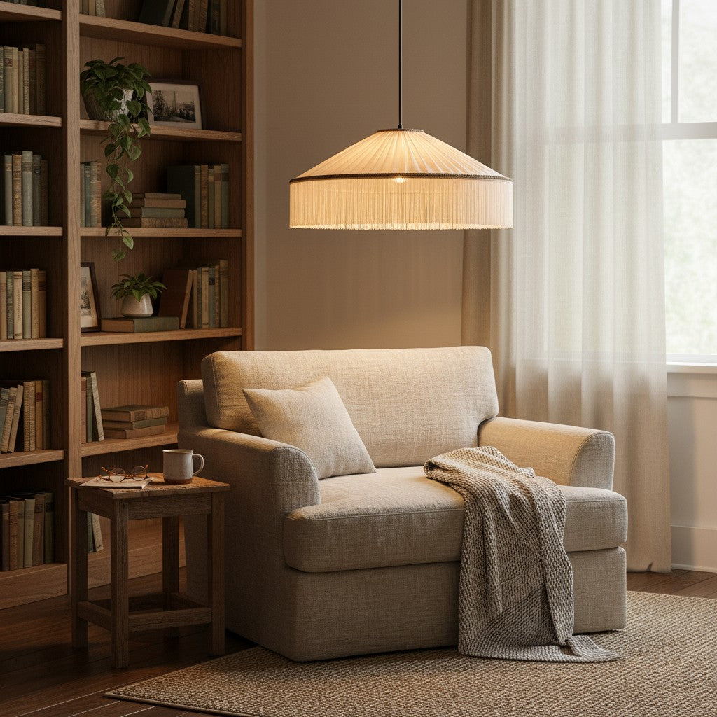 Beige Pleated Fabric Fringe Plug-In Pendant