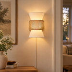 Bild in Gallery-Viewer laden, Coastal Boho Fabric and Natural Rattan Plug-In Wall Light for Bedroom and Hallway