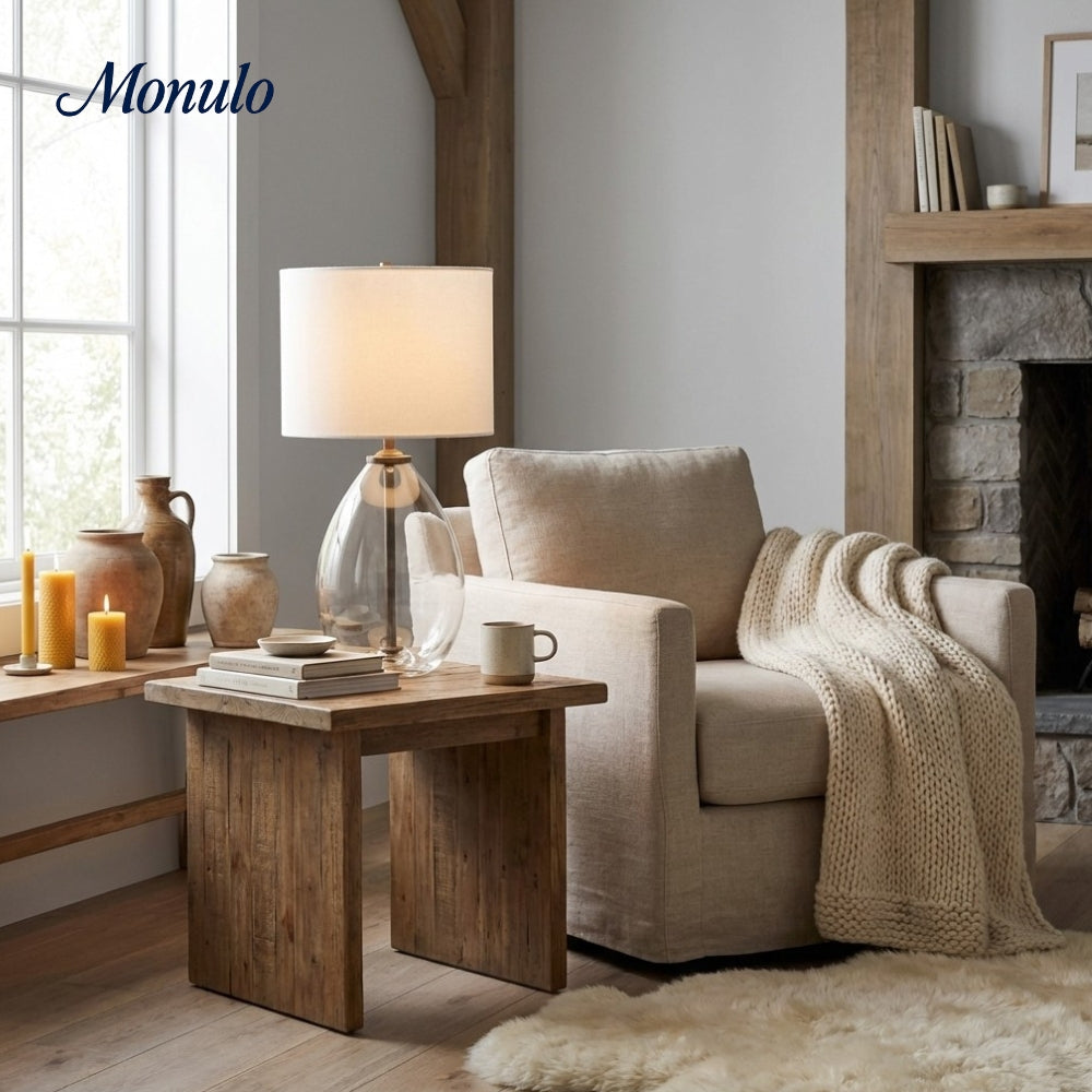 Sustaina Gebogene Tischlampe aus recyceltem Glas mit Stoffschirm – Nachhaltige moderne Akzentbeleuchtung für Wohnzimmer