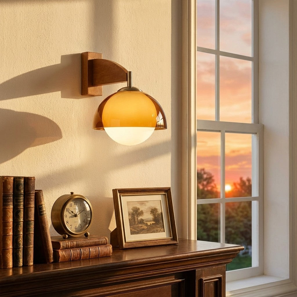 Applique murale Sunset Vintage Modern – Lampe à double abat-jour de la série Sunset avec base texturée en bois