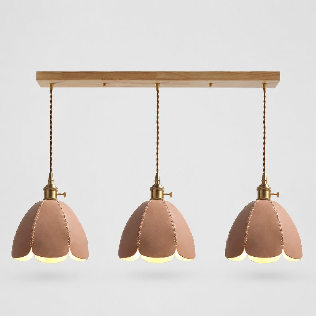 Three-light natural leather linear pendant