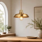 Charger l'image dans la visionneuse de galerie, Brass pendant light in a warm interior scene