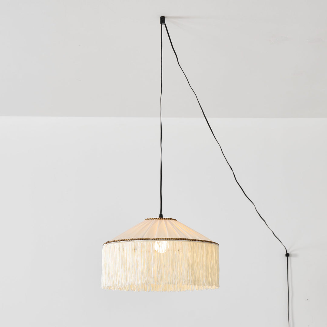 Beige Pleated Fabric Fringe Plug-In Pendant