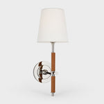 Cargar imagen en el visor de la Galería, polished silver wall sconce with brown leather and white fabric shade