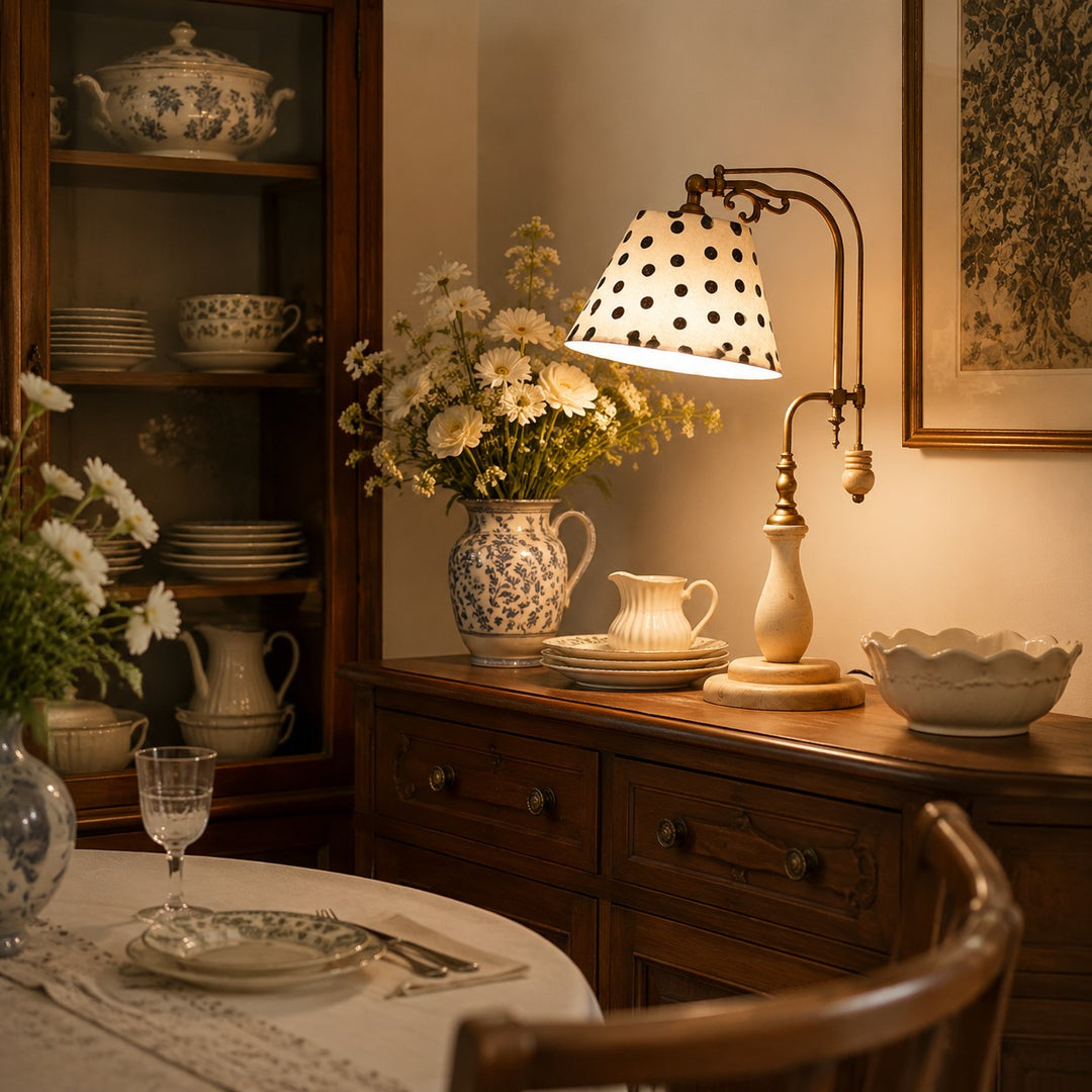 Beige Fabric vintage wood and brass-tone table lamp