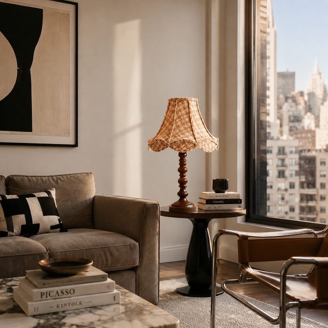 Vintage wood table lamp styled in a modern living room